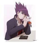  1boy artist_name black_jacket black_sleeves blanko! border buttons cellphone character_keychain collarbone collared_jacket collared_shirt danganronpa:_trigger_happy_havoc danganronpa_(series) danganronpa_v3:_killing_harmony elbow_on_table facial_hair fingernails goatee hand_on_own_cheek hand_on_own_face high_collar highres holding jacket kuwata_leon long_sleeves looking_at_object male_focus momota_kaito open_clothes open_jacket open_mouth open_shirt phone pink_background purple_hair red_tank_top school_uniform shirt smartphone solo spiky_hair sunlight table tank_top teeth upper_body violet_eyes white_border white_shirt 