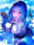  1girl absurdres arm_at_side black_ribbon black_skirt blue_background blue_butterfly blue_hair blue_halo blue_nails blue_theme blunt_bangs blush breasts bug butterfly candy chocolate chocolate_bar clouds food halo hand_up heart heart-shaped_chocolate heart-shaped_pupils highres huge_breasts light_particles long_hair long_sleeves looking_at_viewer mouth_hold neck_ribbon original pink_eyes reflection reflective_water ribbon sidelocks skirt soaking_feet solo standing symbol-shaped_pupils w_(w64851564) water 