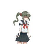 1girl angry black_skirt closed_mouth hair_ribbon heroine_(lost_ruins) long_hair lost_ruins no_eyes non-web_source ponytail red_ribbon ribbon school_uniform simple_background skirt solo white_background 