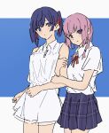  2girls atenaba bare_arms blue_background blue_eyes blue_hair braid collared_shirt cowboy_shot dress highres holding_another&#039;s_arm kaf_(kamitsubaki_studio) kamitsubaki_studio looking_at_viewer medium_hair multicolored_hair multiple_girls neck_ribbon one_side_up parted_lips pink_hair plaid plaid_skirt pleated_skirt purple_skirt red_ribbon redhead ribbon rim_(kamitsubaki_studio) shirt short_sleeves skirt sleeveless sleeveless_dress streaked_hair twin_braids two-tone_background white_background white_dress white_shirt yellow_pupils 