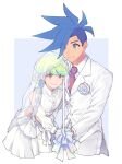  2boys androgynous artist_name bare_shoulders blue_eyes blue_hair blush bridal_veil bride brooch collared_shirt commentary cropped_legs crossdressing dress eyes_visible_through_hair flower flower_brooch galo_thymos green_hair groom hair_flower hair_ornament hand_on_another&#039;s_waist highres holding holding_sword holding_weapon implied_yaoi jewelry kome_1022 light_smile lio_fotia long_sleeves looking_at_viewer looking_down male_focus mohawk multicolored_eyes multiple_boys orange_eyes otoko_no_ko pink_eyes promare puffy_sleeves shirt short_hair simple_background smile spiky_hair suit sword veil weapon white_background white_dress white_suit 