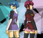  2girls :o ahoge akakoaota back-to-back black_thighhighs blue_eyes blue_hair crossover gundam gundam_seed gundam_seed_destiny hair_ornament hairclip lowres lunamaria_hawke military_uniform miniskirt multiple_girls pink_skirt pleated_skirt redhead scheris_adjani scryed short_hair skirt smile thigh-highs uniform violet_eyes 