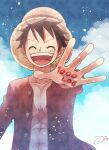  1boy ^_^ aco_peda black_hair closed_eyes clouds frilled_sleeves frills hat highres male_focus monkey_d._luffy one_piece red_shirt scar scar_on_chest scar_on_face shirt signature sky solo straw_hat upper_body 