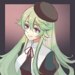  1girl beret black_border border eiyuu_densetsu green_hair hair_between_eyes hat highres long_hair musse_egret portrait riwancece_428 sen_no_kiseki sen_no_kiseki_iv sidelocks simple_background two-tone_background upper_body violet_eyes 