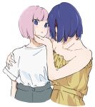  2girls atenaba bare_arms bare_shoulders blue_eyes blue_hair dress grey_skirt hand_on_another&#039;s_face hand_on_another&#039;s_shoulder highres kaf_(kamitsubaki_studio) kamitsubaki_studio looking_at_another multicolored_hair multiple_girls parted_lips pink_hair redhead rim_(kamitsubaki_studio) shirt shirt_tucked_in short_hair short_sleeves simple_background skirt strapless strapless_dress streaked_hair white_background white_shirt yellow_dress yellow_pupils yuri 