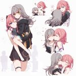  2girls ? aged_down asta_(honkai:_star_rail) bare_shoulders black_gloves black_jacket black_skirt blue_eyes braid closed_eyes closed_mouth gloves grey_hair hair_between_eyes heart highres honkai:_star_rail honkai_(series) jacket kiss kissing_cheek long_sleeves looking_at_another looking_at_viewer medium_hair multiple_girls multiple_views one_eye_closed peppy_(honkai:_star_rail) pink_hair shirt skirt sleeveless sleeveless_shirt smile socks spoken_heart stelle_(honkai:_star_rail) thigh_strap trailblazer_(honkai:_star_rail) white_shirt white_socks yajuu yellow_eyes yuri 