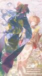  2girls :d absurdres blue_hair blunt_bangs bow brown_hair cardcaptor_sakura cat cherry_blossoms closed_eyes collarbone cowlick daidouji_tomoyo dutch_angle egasumi english_text falling_petals feet_out_of_frame floating_hair floral_print_kimono hair_bow hair_intakes highres japanese_clothes kero kimono kinomoto_sakura long_hair multiple_girls obi outdoors petals rabbit red_bow sash short_hair smile stairs stone_stairs wave_print wide_sleeves z3zz4 