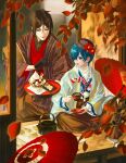  2boys alternate_costume black_gloves black_hair black_kimono blue_eyes butler ciel_phantomhive closed_mouth cup dango earrings eb016 eyepatch flower food gloves hat hat_flower highres holding holding_cup holding_plate japanese_clothes jewelry kimono kuroshitsuji leaf looking_at_another male_focus mitarashi_dango multiple_boys open_mouth parfait plate red_eyes red_flower red_umbrella sebastian_michaelis short_hair sitting smile striped_clothes striped_kimono tea teacup teapot umbrella wagashi wariza white_kimono yellow_theme 