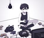  1boy absurdres animal aoiro_arts artist_name black_eyes black_hair black_shirt black_socks cable cat closed_mouth colored_skin controller crt english_commentary expressionless game_cartridge game_console game_controller hair_between_eyes highres holding holding_controller holding_game_controller jitome light_bulb mewo nintendo_64 nintendo_64_controller omori omori_(omori) shirt short_hair shorts sleeveless sleeveless_shirt socks striped_clothes striped_shorts television vertical-striped_clothes vertical-striped_shorts white_shorts white_skin 