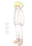  1boy :o absurdres androgynous artist_name blush boots commentary earmuffs full_body green_hair highres jacket kome_1022 lio_fotia looking_down multicolored_eyes orange_eyes panda pants pink_eyes promare short_hair sidelocks simple_background sweater white_background white_jacket white_pants white_sweater 