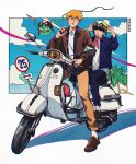  2boys black_eyes black_hair blonde_hair brown_footwear brown_jacket brown_pants clouds cm_wm collared_shirt commentary_request day ekubo_(mob_psycho_100) full_body halftone helmet highres holding holding_phone jacket kageyama_shigeo long_sleeves looking_at_another male_focus mob_psycho_100 motor_vehicle motorcycle motorcycle_helmet multiple_boys open_clothes open_jacket outdoors pants phone reigen_arataka road_sign shirt shoes short_hair sign smile spirit white_background white_shirt 
