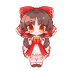  1girl :&lt; black_footwear blush_stickers bow bowtie brown_hair chibi closed_mouth detached_sleeves dress frilled_bow frilled_hair_tubes frills hair_bow hair_tubes hakurei_reimu highres inukkomaru long_hair looking_at_viewer red_bow red_dress simple_background socks solo touhou white_background white_socks yellow_bow yellow_bowtie yellow_eyes 