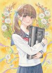  1girl bag brown_eyes brown_hair daisy flower hair_ribbon highres hugging_object k.nishiyama long_hair long_sleeves looking_at_viewer low_twintails original painting_(medium) petals pleated_skirt ribbon school_bag school_uniform serafuku skirt smile solo traditional_media twintails watercolor_(medium) yellow_background 