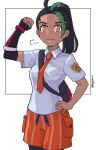  1girl backpack bag black_bag black_gloves black_hair black_pantyhose breast_pocket bright_pupils clenched_hand closed_mouth collared_shirt commentary cowboy_shot eyelashes fingerless_gloves flexing freckles gloves hand_on_own_hip hand_up highres logo multicolored_hair necktie nemona_(pokemon) orange_eyes orange_necktie orange_shorts pantyhose pocket pokemon pokemon_sv ponytail puff_of_air rajaie101 shirt short_sleeves shorts single_glove smile solo two-tone_hair white_background white_pupils white_shirt 