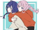  2girls atenaba blue_background blue_eyes blue_hair braid carrying grey_shirt highres hood hood_down hoodie hug hug_from_behind kaf_(kamitsubaki_studio) kamitsubaki_studio long_hair long_sleeves multicolored_hair multiple_girls orange_hoodie parted_lips piggyback pink_hair redhead rim_(kamitsubaki_studio) shirt single_braid streaked_hair sweatdrop two-tone_background upper_body white_background yellow_pupils 