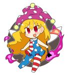  1girl american_flag_dress american_flag_legwear blonde_hair blush clownpiece dress fairy fairy_wings fang full_body hat highres holding holding_torch ini_(inunabe00) jester_cap long_hair open_mouth pantyhose pink_headwear polka_dot polka_dot_headwear red_eyes simple_background skin_fang smile solo star_(symbol) star_print striped_clothes striped_dress striped_pantyhose torch touhou white_background wings 
