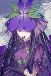  1girl black_gloves black_hair commentary dress flower flower_on_head fruit_print gloves grape_print here_(hr_rz_ggg) highres long_hair open_mouth purple_dress purple_flower smile solo touhou vine_print violet_eyes yomotsu_hisami 