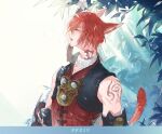  1boy black_vest cat_tail closed_eyes closed_mouth final_fantasy final_fantasy_xiv from_side g&#039;raha_tia highres jacket male_focus open_mouth profile red_eyes red_jacket redhead shoulder_tattoo tail tattoo tladpwl03 upper_body vest 