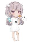  1girl bandaid bandaid_on_knee bandaid_on_leg barefoot blush burger chibi daluto_(hitomi555) earrings eating food full_body grey_hair hair_ornament highres jewelry long_hair long_shirt looking_at_viewer original pink_eyes pom_pom_(clothes) pom_pom_hair_ornament shirt simple_background solo t-shirt two_side_up white_background white_shirt 