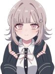  1girl blunt_bangs blush breasts brown_hair chi_gu collared_shirt danganronpa_(series) danganronpa_2:_goodbye_despair dress_shirt flipped_hair galaga hair_ornament hands_up holding_strap hood jacket long_sleeves looking_at_viewer medium_hair nanami_chiaki neck_ribbon open_clothes open_jacket pink_eyes pout ribbon shirt solo upper_body white_shirt 