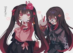  2girls :3 :d black_skirt bow brown_hair closed_mouth collared_shirt cowboy_shot dual_persona fox_mask glasses gradient_hair grey_shirt hair_bow heart honkai:_star_rail honkai_(series) inagoinaire jirai_kei long_hair looking_at_viewer mask mask_on_head miniskirt multicolored_hair multiple_girls off-shoulder_shirt off_shoulder open_mouth pink_eyes pink_shirt pleated_skirt red_bow redhead shirt sidelocks simple_background skirt smile sparkle_(honkai:_star_rail) straight_hair twintails white_background 