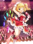  1girl ;d adapted_costume arm_up blonde_hair bloomers blush boots bow breasts commentary_request concert crystal detached_collar dress dress_bow fang flandre_scarlet foot_out_of_frame gloves glowstick hair_between_eyes hair_bow hand_up happy highres holding holding_microphone idol idol_clothes knee_boots looking_at_viewer microphone no_headwear one_eye_closed open_mouth rainbow_order red_bow red_dress red_eyes ruhika short_hair side_ponytail sleeveless sleeveless_dress small_breasts smile solo sparkle spotlight stage standing standing_on_one_leg touhou waving white_bloomers white_bow white_footwear white_gloves wings 