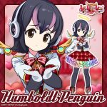  1girl angel angel_wings black_eyes black_hair boots bow bowtie copyright_name full_body gloves headphones heart highres humboldt_penguin_(kemono_friends) jacket kemono_friends kemono_friends_v_project lifelikealive looking_at_viewer microphone multicolored_hair official_art penguin_girl pink_background purple_hair shirt short_hair simple_background skirt solo thigh-highs two-tone_hair upper_body virtual_youtuber wings 