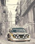  audi audi_quattro cable car city gregory_fromenteau motor_vehicle no_humans race_vehicle racecar rally_car sketch spoiler_(automobile) spot_color tower vehicle_focus world_rally_championship 