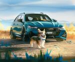  animal_focus audi audi_rs6 blue_collar clouds collar dog english_commentary grass highres marta_danecka original sky smile tongue tongue_out vehicle_focus welsh_corgi 