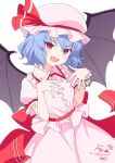  1girl bat_wings blue_hair commission frilled_shirt frills hat highres kamuraaa_615 looking_at_viewer mob_cap open_mouth puffy_short_sleeves puffy_sleeves red_eyes remilia_scarlet shirt short_hair short_sleeves simple_background skeb_commission solo touhou white_background wings 