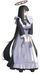  1girl absurdres alternate_costume apron black_dress black_hair blue_archive blunt_bangs breasts commentary dress enmaided halo highres large_breasts long_hair looking_to_the_side maid revision rio_(blue_archive) simple_background solo straight_hair talo_(63078778) very_long_hair white_apron white_background 