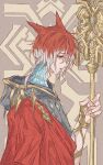  1boy bracelet crystal_exarch final_fantasy final_fantasy_xiv g&#039;raha_tia grey_robe holding holding_scepter hood hood_down hooded_robe jewelry looking_down male_focus miqo&#039;te profile red_eyes redhead robe scepter solo tladpwl03 