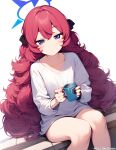  1girl blue_archive cup highres holding holding_cup lilium(lilydisease) no_pants pink_hair shirt shy t-shirt violet_eyes 