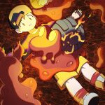  1boy backwards_hat baseball_cap black_hair black_shirt ethan_(pokemon) fire hat highres huyugmy lava lying magcargo male_focus on_back parted_lips pokemon pokemon_(creature) pokemon_gsc shirt shoes shorts slugma socks 