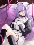  1girl animal_ears black_collar black_hairband black_socks cat_ears cat_tail collar hairband haruwo highres hololive nekomata_okayu nekomata_okayu_(3rd_costume) onigirya_(nekomata_okayu) pillow purple_hair sailor_collar shorts smile socks tail violet_eyes virtual_youtuber white_shorts 