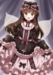  1girl :d alternate_costume black_bow black_choker black_dress blush bow bow_choker brown_bow brown_eyes brown_hair choker cowboy_shot dress dress_bow eyes_visible_through_hair frilled_bow frilled_choker frilled_dress frills gothic_lolita grey_wings hair_bow highres lolita_fashion long_dress long_hair long_sleeves looking_at_viewer open_mouth petticoat ribbon-trimmed_dress ruu_(tksymkw) skirt_hold smile solo standing star_sapphire touhou wings 