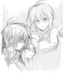  1boy 1girl ahoge graphite_(medium) greyscale gundam gundam_seed gundam_seed_destiny hatching_(texture) looking_at_another lunamaria_hawke military_uniform monochrome multiple_views she_(morianosu) shinn_asuka short_hair sketch smile traditional_media uniform zaft_uniform 