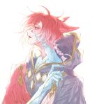  1boy ahoge animal_ears braid cat_ears crystal_exarch fang final_fantasy final_fantasy_xiv g&#039;raha_tia hand_up hooded_robe male_focus open_mouth profile red_eyes redhead robe simple_background solo tladpwl03 white_background 