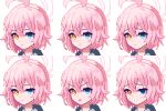  1girl ahoge blue_archive blue_eyes blush closed_mouth hair_between_eyes halo heterochromia hoshino_(blue_archive) hoshino_(young)_(blue_archive) multiple_views open_mouth pink_hair pink_halo pixel_art short_hair simple_background tinia_etru white_background yellow_eyes 