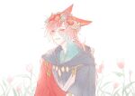  1boy animal_ears blush braid cat_ears closed_eyes crystal_exarch final_fantasy final_fantasy_xiv flower flower_wreath g&#039;raha_tia head_wreath male_focus simple_background smile solo tladpwl03 tulip upper_body white_background 