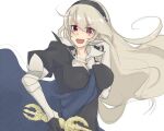  1girl akamimigame black_hairband blue_cape cape corrin_(female)_(fire_emblem) corrin_(fire_emblem) fire_emblem fire_emblem_fates grey_hair hairband long_hair open_mouth pointy_ears red_eyes yato_(fire_emblem) 