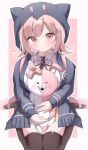  1girl :o animal_ears blush bow breasts brown_hair brown_thighhighs collared_shirt danganronpa_(series) danganronpa_2:_goodbye_despair diaper ear_bow fake_animal_ears flipped_hair galaga hair_ornament highres holding hood hood_up jacket long_sleeves looking_at_viewer medium_hair monomi_(danganronpa) nanami_chiaki neck_ribbon peko_taro pink_background pink_eyes ribbon seiza shirt sitting skirt solo thigh-highs white_background white_shirt 