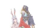  1boy 1girl :d animal_ears child closed_mouth crystal_exarch final_fantasy final_fantasy_xiv g&#039;raha_tia grey_shirt hood hood_up hooded_robe long_hair looking_at_another lyna_(ff14) rabbit_ears robe shirt simple_background smile tladpwl03 viera violet_eyes white_background white_hair 