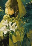 1girl absurdres black_eyes brown_cloak brown_hair chinese_commentary cloak closed_mouth flower green_theme highres holding holding_flower hood hooded_cloak leaf light_particles lily_(flower) long_hair looking_at_viewer mengxiaheqing mole mole_under_eye original plant pointy_ears sidelocks solo white_flower 