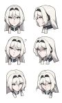  1girl ? an-94_(girls&#039;_frontline) aqua_eyes black_hairband blush emile_aoi expressionless from_side girls_frontline hairband highres long_hair looking_at_viewer multiple_views partially_shaded_face portrait smile straight-on white_background white_hair 