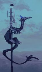  absurdres animal_focus bird black_headwear blank_eyes blue_horns blue_sky clouds dragon eastern_dragon from_side full_body hat highres horns nightcrow no_humans original outdoors sky tail utility_pole 