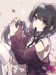  1girl black_eyes black_hair black_ribbon blunt_bangs bow braiding_hair closed_mouth dress feet_out_of_frame flower_(symbol) from_side hair_over_shoulder hairdressing hat hat_bow heroine_(lovebrush_chronicles) jacket knees_up light_blush long_hair long_sleeves looking_to_the_side lovebrush_chronicles mouth_hold nevakuma_(fanfanas) off_shoulder pink_background red_jacket ribbon ribbon_in_mouth sleeveless sleeveless_dress smile sun_hat thigh-highs unworn_hat unworn_headwear weibo_logo weibo_username white_dress white_thighhighs 