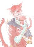  1boy animal animal_ears bell cat cat_ears cat_tail crystal_exarch final_fantasy final_fantasy_xiv g&#039;raha_tia holding holding_animal holding_cat hooded_robe jingle_bell male_focus neck_bell open_mouth red_eyes redhead robe tail tladpwl03 