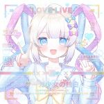  1girl :d artist_request blue_eyes blue_shirt blunt_bangs blush bow bowtie chouzetsusaikawa_tenshi-chan double_v hair_bow hands_up heart heart_in_eye highres long_hair long_sleeves looking_at_viewer multicolored_hair multiple_hair_bows needy_girl_overdose open_mouth quad_tails sailor_collar sailor_shirt shirt sidelocks smile swept_bangs symbol_in_eye upper_body v watermark yellow_bow yellow_bowtie 