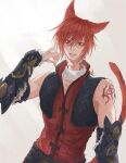  1boy animal_ears black_vest braid cat_ears cat_tail character_name final_fantasy final_fantasy_xiv g&#039;raha_tia hand_up jacket long_hair looking_at_viewer male_focus red_eyes red_jacket redhead shoulder_tattoo smile tail tattoo tladpwl03 upper_body vest 